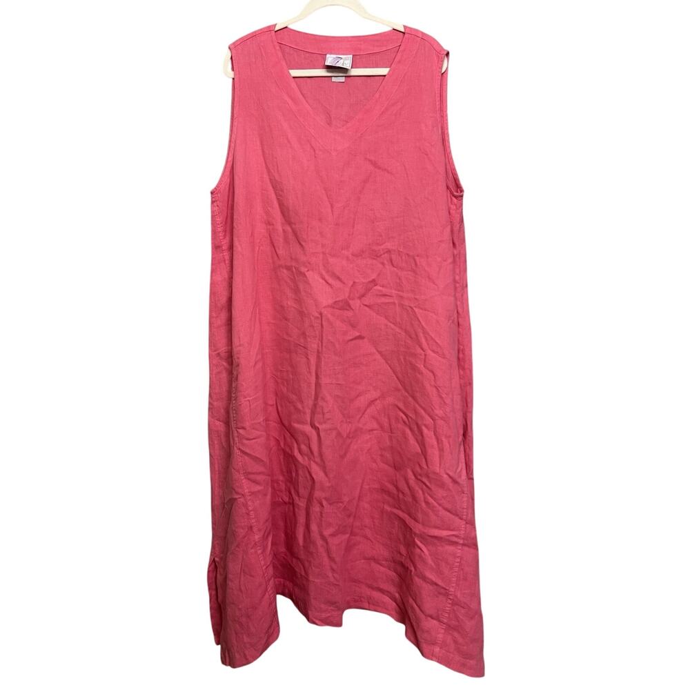 La Fixsun 100% Linen Pink Midi Sleeveless Pockets Lagenlook Dress Size Large